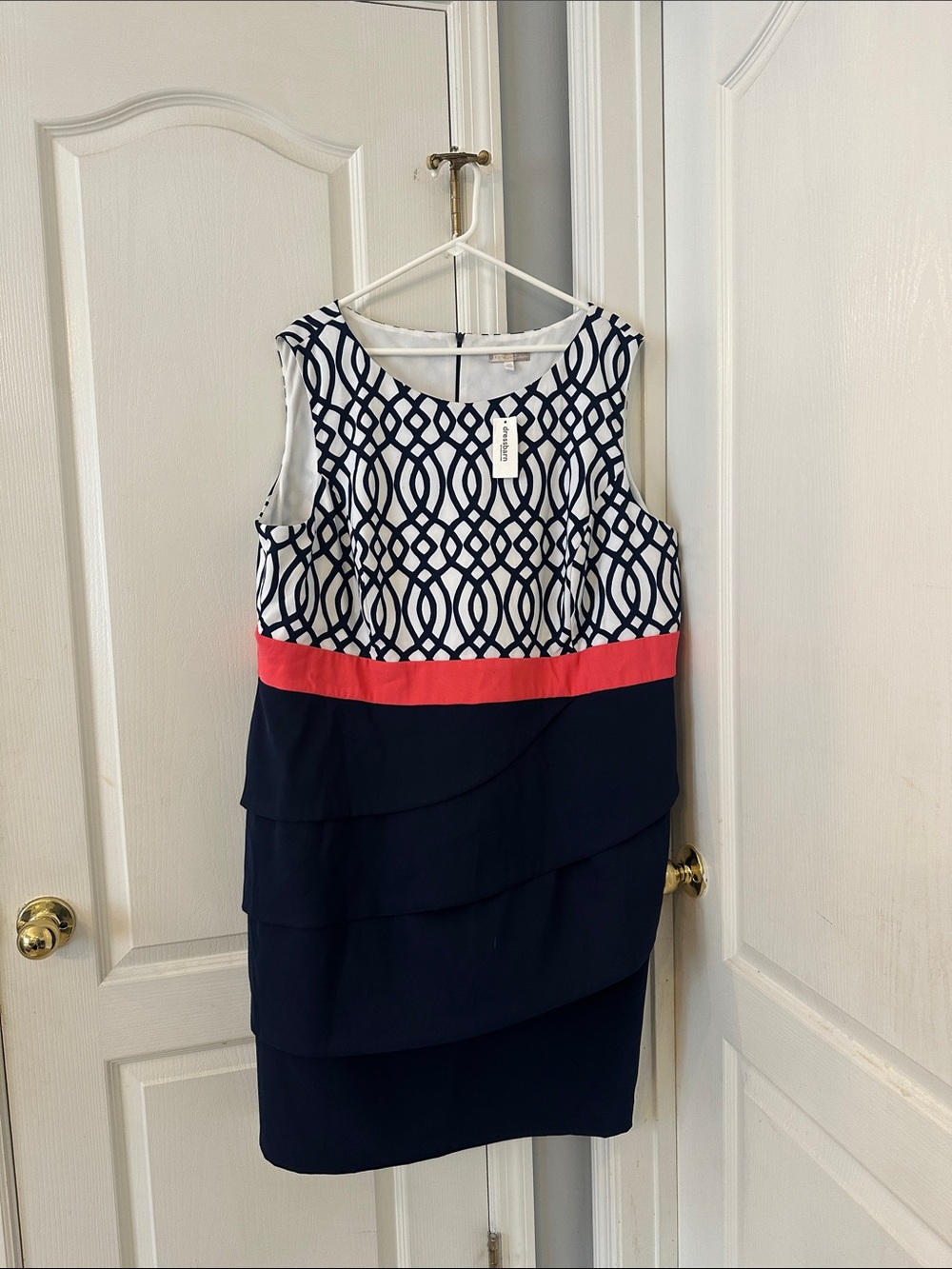Dressbarn Navy and White Geometric Midi Dress with Coral Band